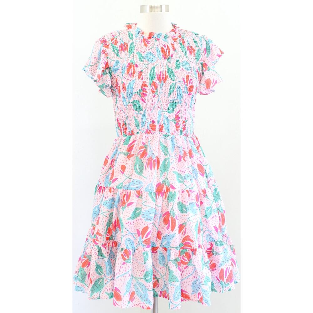 J Marie Pink Confetti Floral Smocked A Line Tiered Dress Size L Ruffle Fit Flare